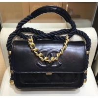 Best Price Chanel Crumpled Calfskin Cotton Strap Flap Bag AS0074 Black 2019
