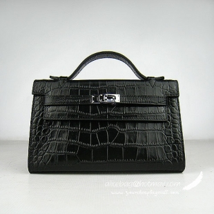 Hermes Kelly 22cm France Veins Leather Handbag Black H008