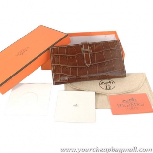 Best Grade Hermes Bearn Japonaise Croco Leather Bi-Fold Wallets H208 Brown