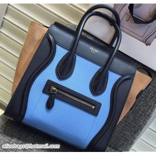 Low Price Celine Luggage Micro Tote Bag in Original Leather Black/Grained Sky Blue/Crinkle Apricot 703101