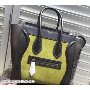 Classic Celine Luggage Micro Tote Bag in Original Leather Coffee/Grained Grass Green 703099