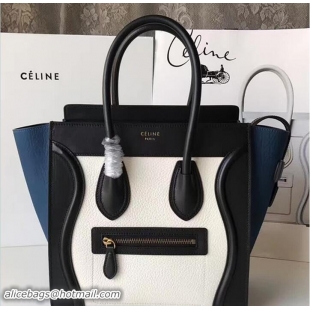 Expensive Celine Luggage Micro Tote Bag in Grained Leather Black/White/Blue 71902