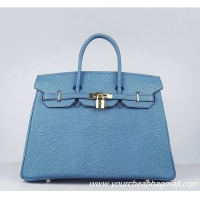 Hermes Birkin 35cm Pearl Veins Leather Bag Blue 6089 Gold Hardware