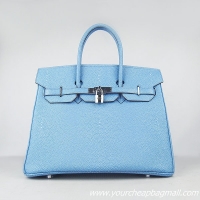 Hermes Birkin 35cm Pearl Veins Leather Bag Light Blue 6089 Silver Hardware