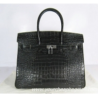 Hermes Birkin 35cm Max Crocodile Veins Leather Bag Black 6089 Silver Hardware