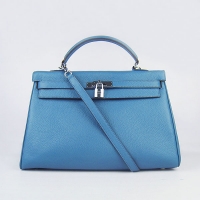 Hermes Kelly 35cm Togo Leather Bag Blue 6308 Silver Hardware