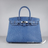 Hermes Birkin 30cm Ostrich Veins Handbag Blue 6088 Silver