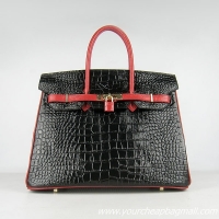 Free Shippings Hermes Birkin 35cm Crocodile Veins Leather Bag Black-Red 6089 Golden Hardware