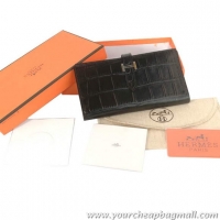 Hermes Bearn Japonaise Croco Leather Bi-Fold Wallets H208 Black