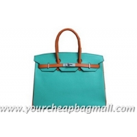 Shop Duplicate 2013 Hermes Birkin 35CM Tote Bag Calf Leather Orange With Light Blue