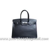 Hand Held Hermes Birkin 35CM Tote Bag Black Clemence Leather H6089 Silver