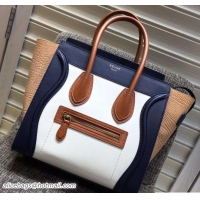 Inexpensive Celine Luggage Micro Tote Bag in Original Leather Navy Blue/White/Crinkle Apricot 703101