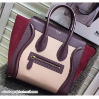 Chic Celine Luggage Micro Tote Bag in Original Leather Burgundy/Beige/Suede Red 703099