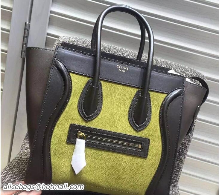 Classic Celine Luggage Micro Tote Bag in Original Leather Coffee/Grained Grass Green 703099