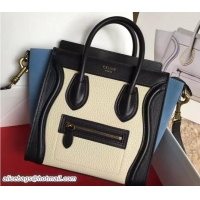 Top Quality Celine Luggage Nano Tote Bag in Original Leather Black/Grained Beige/Suede Sky Blue 7031101
