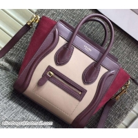 Best Grade Celine Luggage Nano Tote Bag in Original Leather Burgundy/Beige/Suede Red 7031101