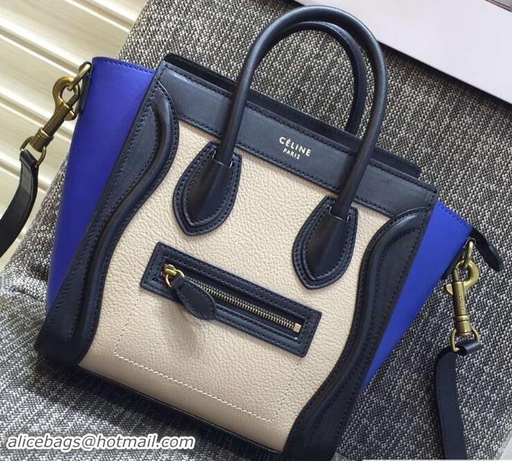 Low Cost Celine Luggage Nano Tote Bag in Original Leather Navy Blue/Grained Beige/Blue 7031101