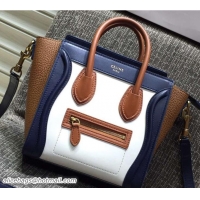 Duplicate Celine Luggage Nano Tote Bag in Original Leather Navy Blue/White/Grained Khaki 7031101