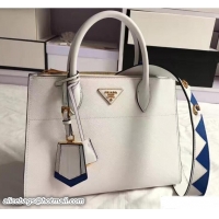 Popular Style Prada Paradigme Saffiano And Calf Leather Bag 1BA102 White/Sea Blue With Embellishments On The Shoulder St