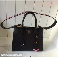 Discount Prada Paradigme Saffiano And Calf Leather Bag 1BA103 Black/Begonia With Embellishments On The Shoulder Strap 20