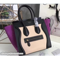 Classic Celine Medium Luggage Phantom Bag in Textile with Calfskin Border  Black/Grained Beige/Suede Purple 71803
