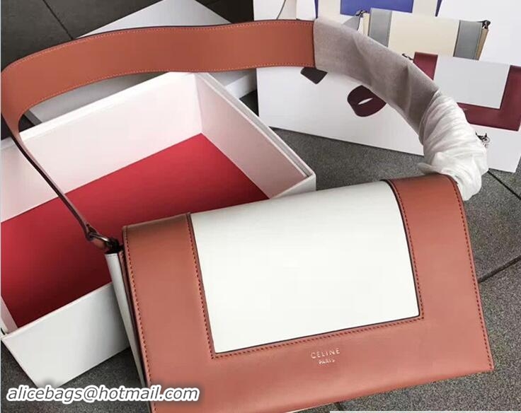 Good Quality Celine Shiny Smooth Calfskin/Textile Medium Frame Shoulder Bag Spring 71818 Milky/Brown