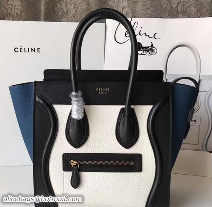 Expensive Celine Luggage Micro Tote Bag in Grained Leather Black/White/Blue 71902