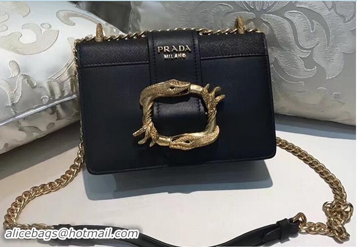 Classic Prada Cahier Calfskin Leather Shoulder Bag With Animal Details 1BD066 Black 2017