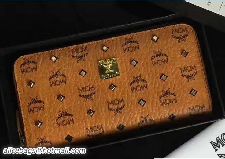 Classic MCM Studded Color Visetos Zip Around Large Wallet 81121 Cognac