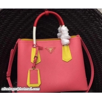 Durable Prada Two-Tone Handles Saffiano Double Leather Bag 1BG775 Fuchsia/Yellow/White/Red 2018