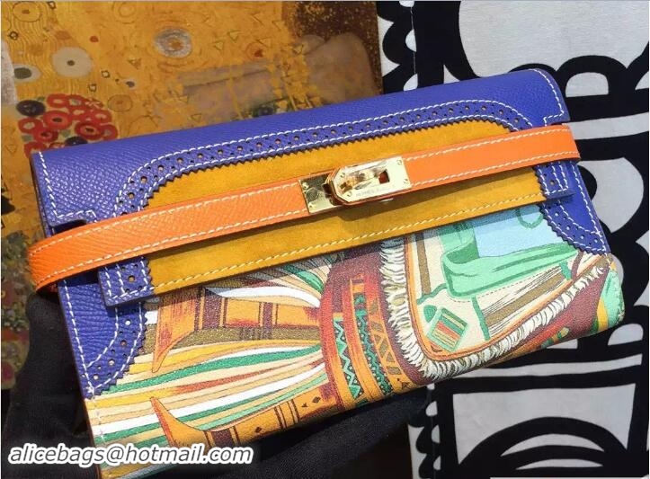 Pretty Style Hermes Kelly Long Wallet Clutch Bag in Original Leather 408013 Blue/Yellow