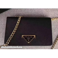 Top Grade Saffiano Leather Flap Chain Shoulder Bag 1BP006 Triangle Logo Black