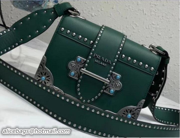 Good Quality Prada Stud Cahier Calf Leather Shoulder Bag 1BD045 Green 2018