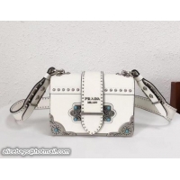 Popular Style Prada Stud Cahier Calf Leather Shoulder Bag 1BD045 White 2018