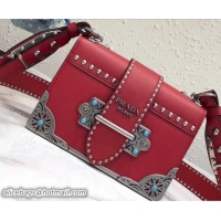 Good Looking Prada Stud Cahier Calf Leather Shoulder Bag 1BD045 Red 2018