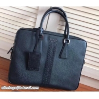 Good Quality Prada Saffiano Leather Briefcase Work Bag 2VE368 Black/Crocodile