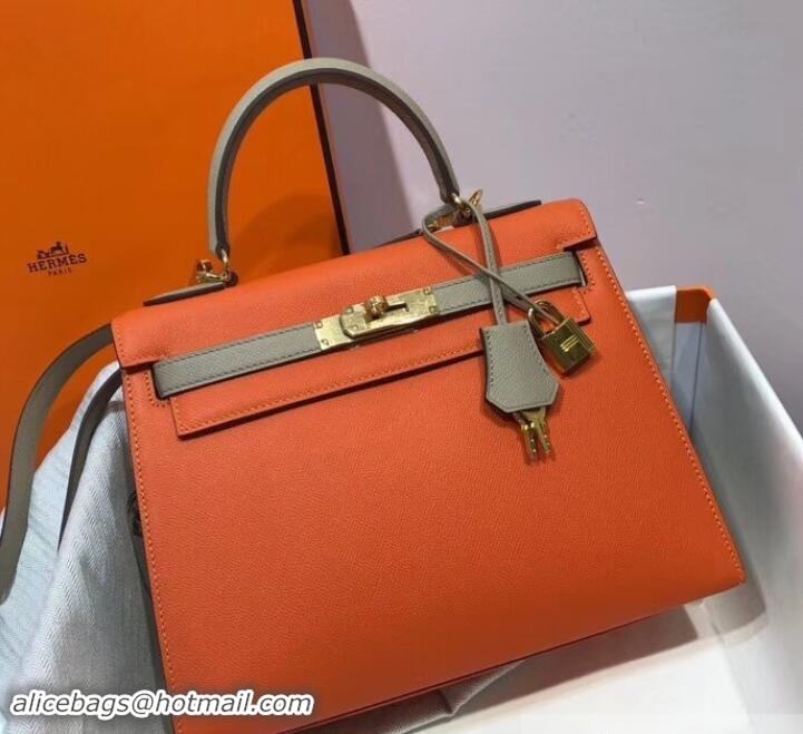 Good Quality Hermes Kelly 28cm Top Handle Bag in Epsom Leather 100202 Orange/Dove Gray