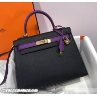 Trendy Design Hermes Kelly 28cm Top Handle Bag in Epsom Leather 100202 Black/Purple