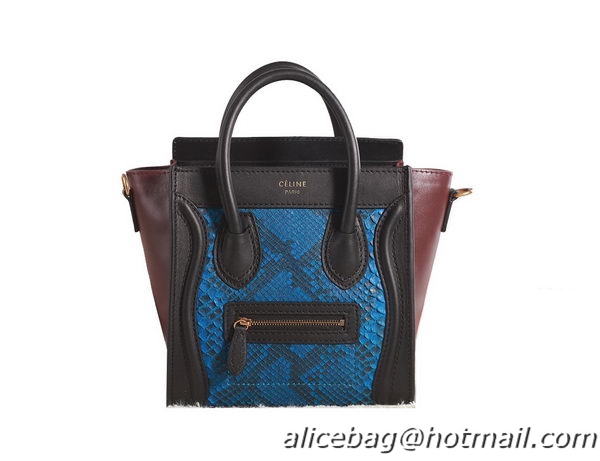 Celine Luggage Nano Boston Bag Original Snake Leather 3309 Blue&Black