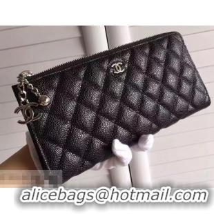 Shoulder Carry Chanel Wallet 31505 Pouch Bag Caviar Leather Quilting Black/Silver 