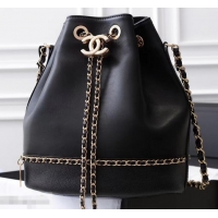 Trendy Design Chanel Lambskin/Grained Calfskin Chain Around Drawstring Bucket Bag AS0373 Black 2019