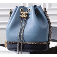 Good Quality Chanel Lambskin/Grained Calfskin Chain Around Drawstring Bucket Bag AS0373 Blue 2019 