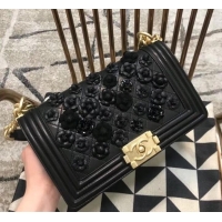 Most Popular Chanel Camellia Embroidered Boy Medium Flap Bag A40116 Black 2019