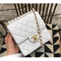 Good Quality Chanel Lambskin with Imitation Pearls Mini Flap Bag AS0584 White 2019