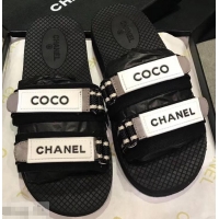 Discount Chanel Coco Logo Fabric Mules Slipper Sandals G34729 Black/Gray 2019
