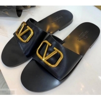 Good Quality Valentino Cowhide Slip-On Slide Sandals VT2705 Black With Go Logo Detail 2019