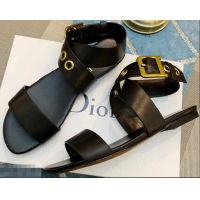 Best Price Dior D-Dior Calfskin Leather Flat Sandals CD0804 Black 2019