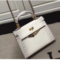 Faux Cheap Hermes Kelly 28cm in White/Grey Crocodile with Gold Hardware 4200120
