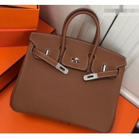 Perfect Imitation Hermes Birkin 25cm Bag Brown in Togo Leather With Silver Hardware 423012