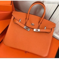Top Grade Hermes Birkin 25cm Bag Orange in Togo Leather With Silver Hardware 423012